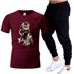 Men Maroon Printed Track Suit 2Pcs Polyester T-Shirt Trouser