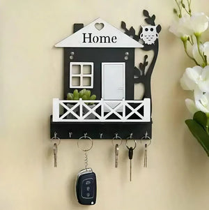 Black Owl House Key Holder with Plant Balcony