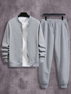 Men's Fleece Zipper Track Suit Plain Grey Slim Fit
