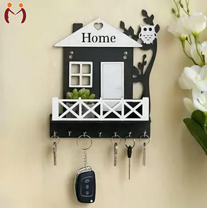 Black Owl House Key Holder with Plant Balcony