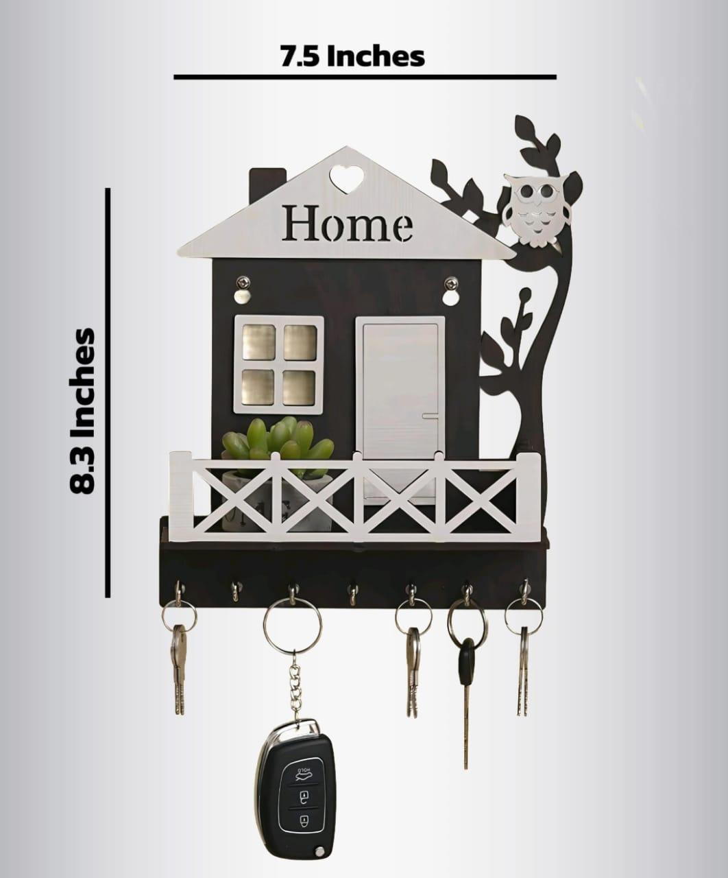 Black Owl House Key Holder with Plant Balcony