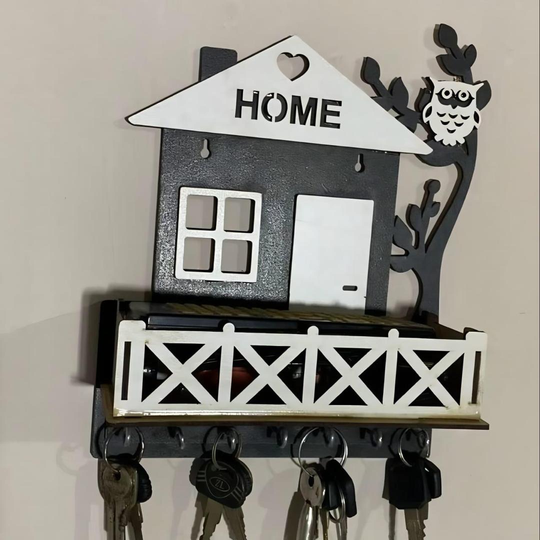 Black Owl House Key Holder with Plant Balcony