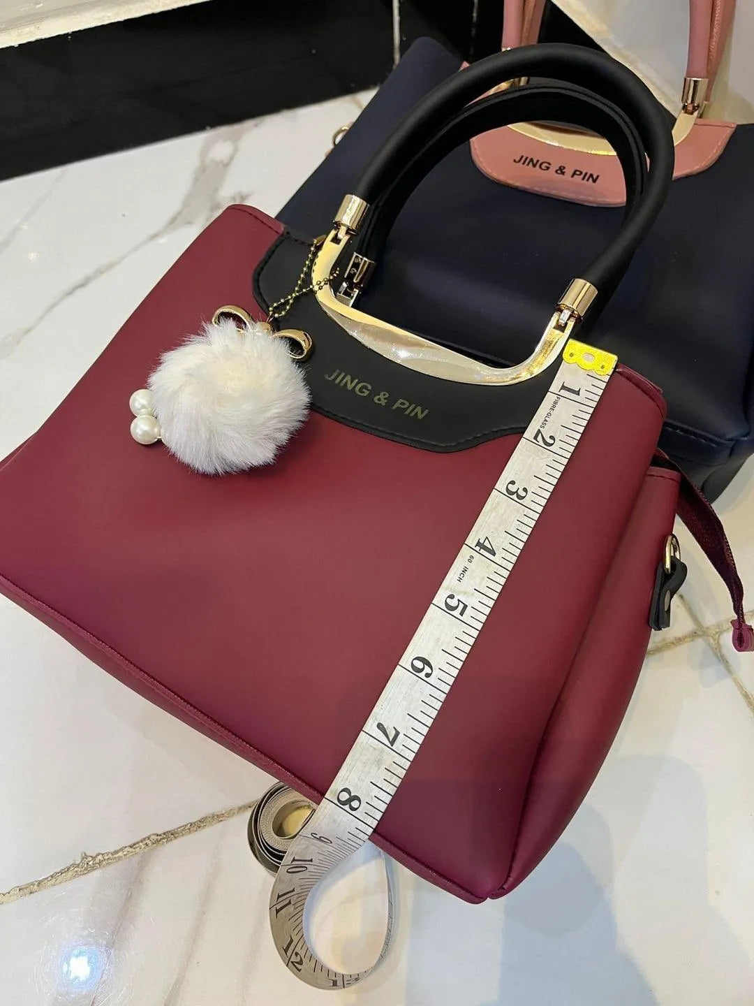 Pink Synthetic Leather Handbag with Belt & Keychain for Girls