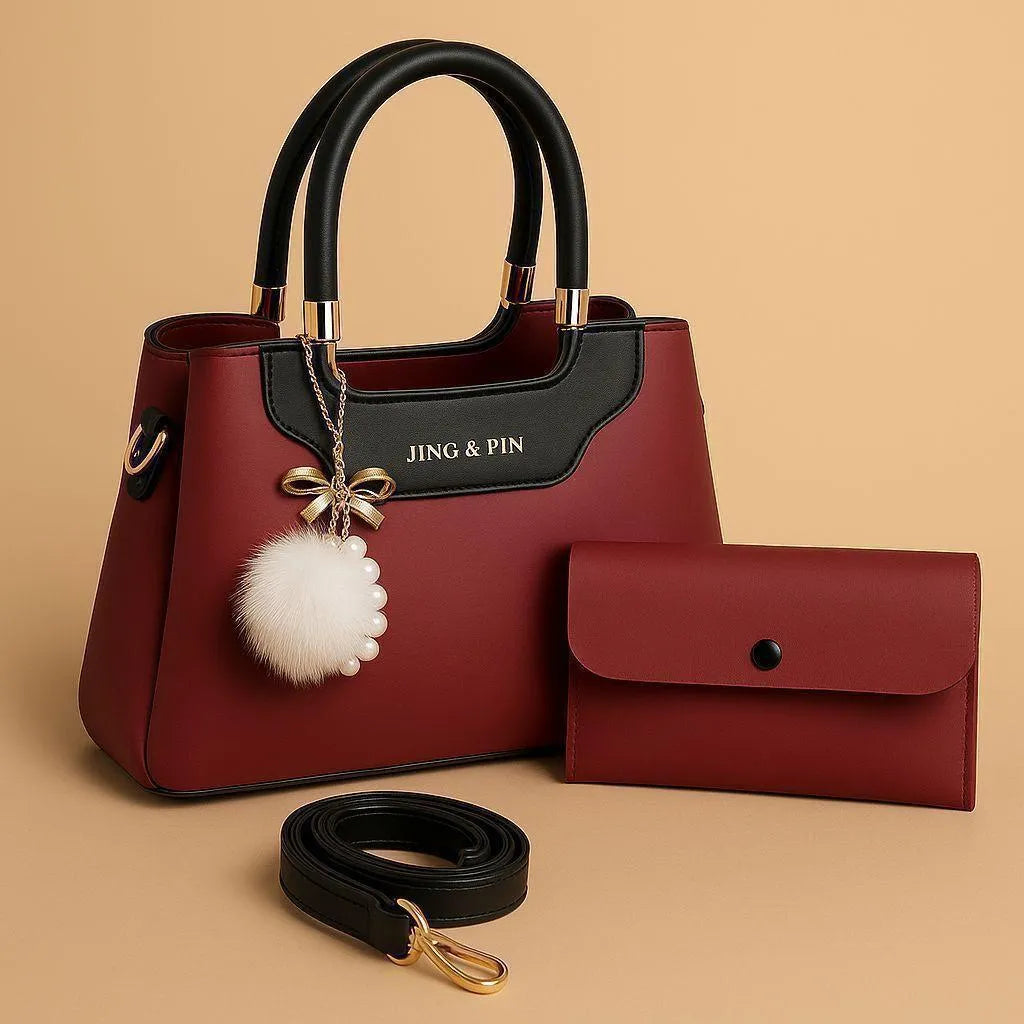 Pink Synthetic Leather Handbag with Belt & Keychain for Girls