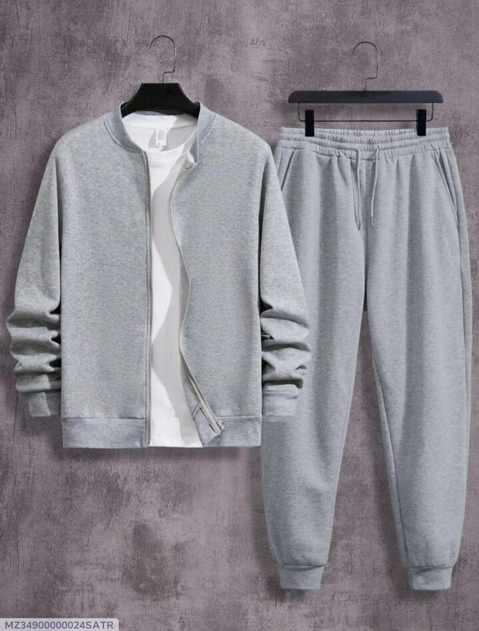 Men's Fleece Zipper Track Suit Plain Grey Slim Fit