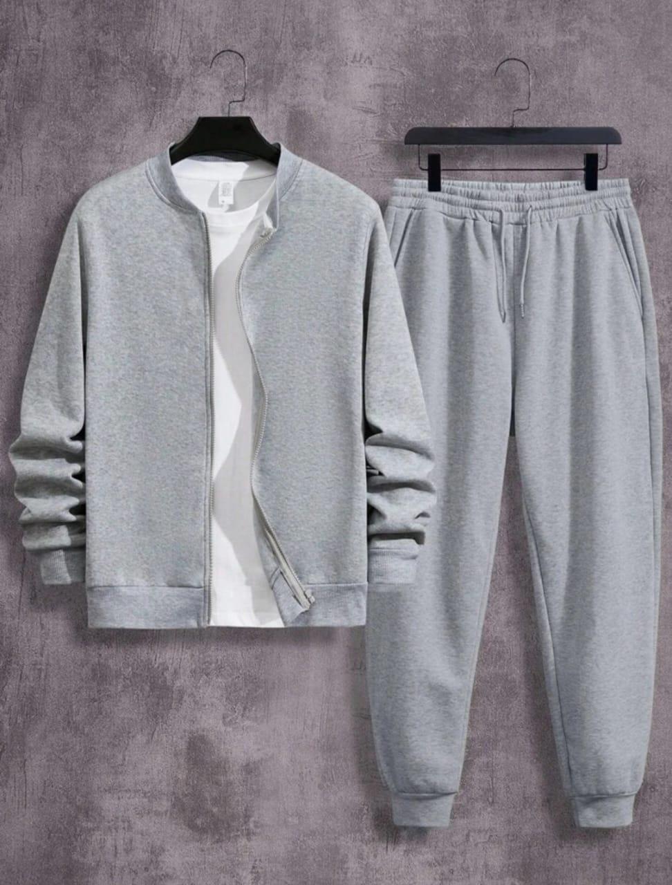 Men's Fleece Zipper Track Suit Plain Grey Slim Fit