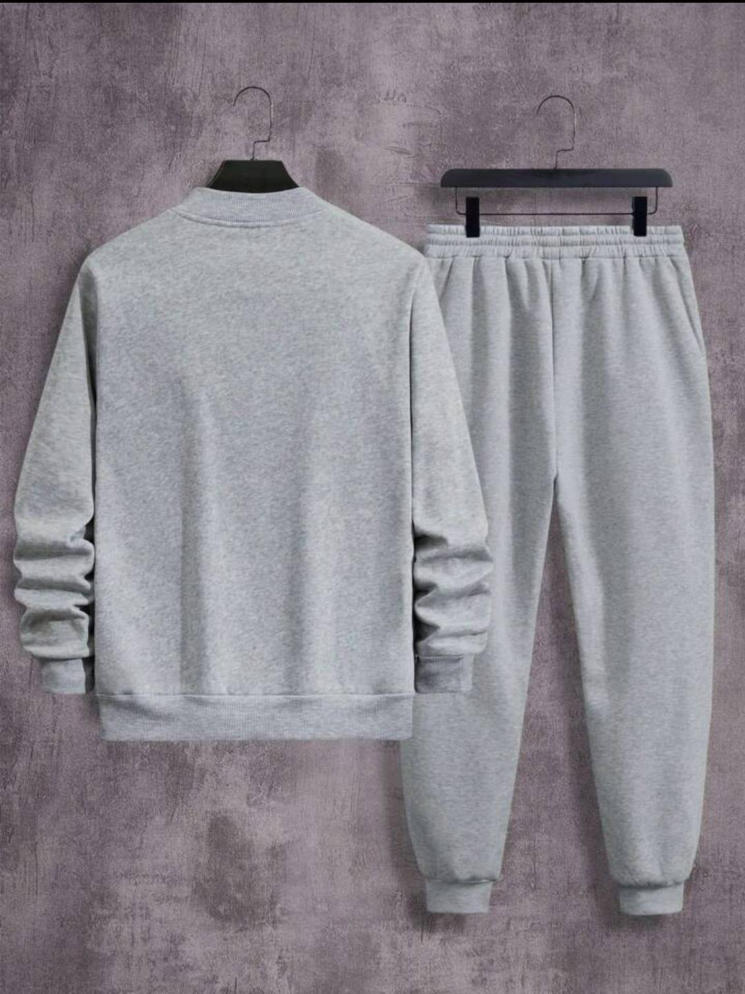 Men's Fleece Zipper Track Suit Plain Grey Slim Fit