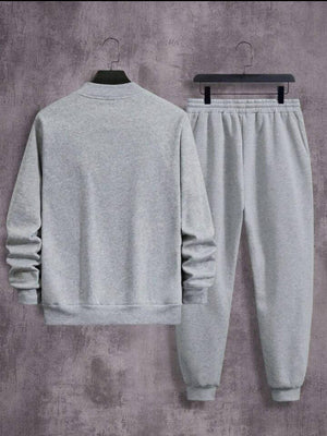 Men's Fleece Zipper Track Suit Plain Grey Slim Fit