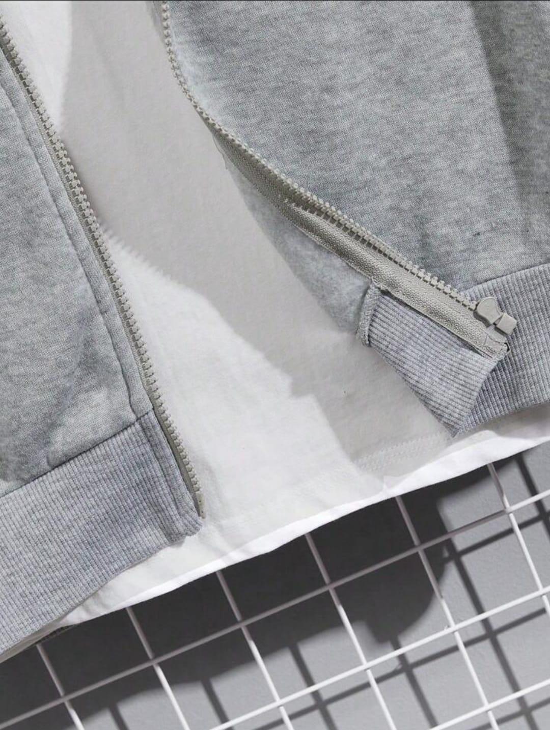 Men's Fleece Zipper Track Suit Plain Grey Slim Fit