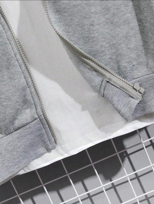 Men's Fleece Zipper Track Suit Plain Grey Slim Fit