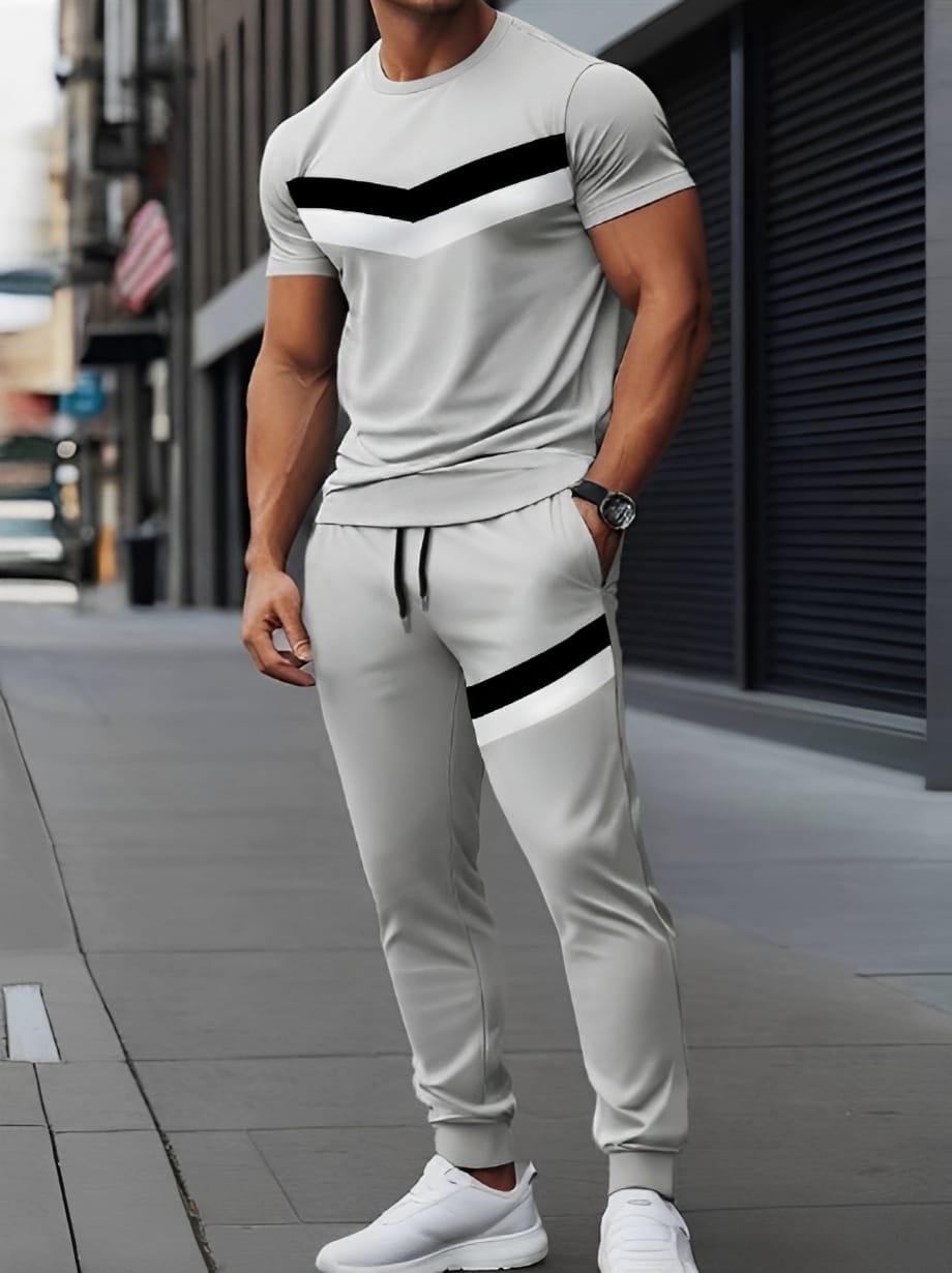 Men Grey Micro Track Suit 2Pcs Round Neck